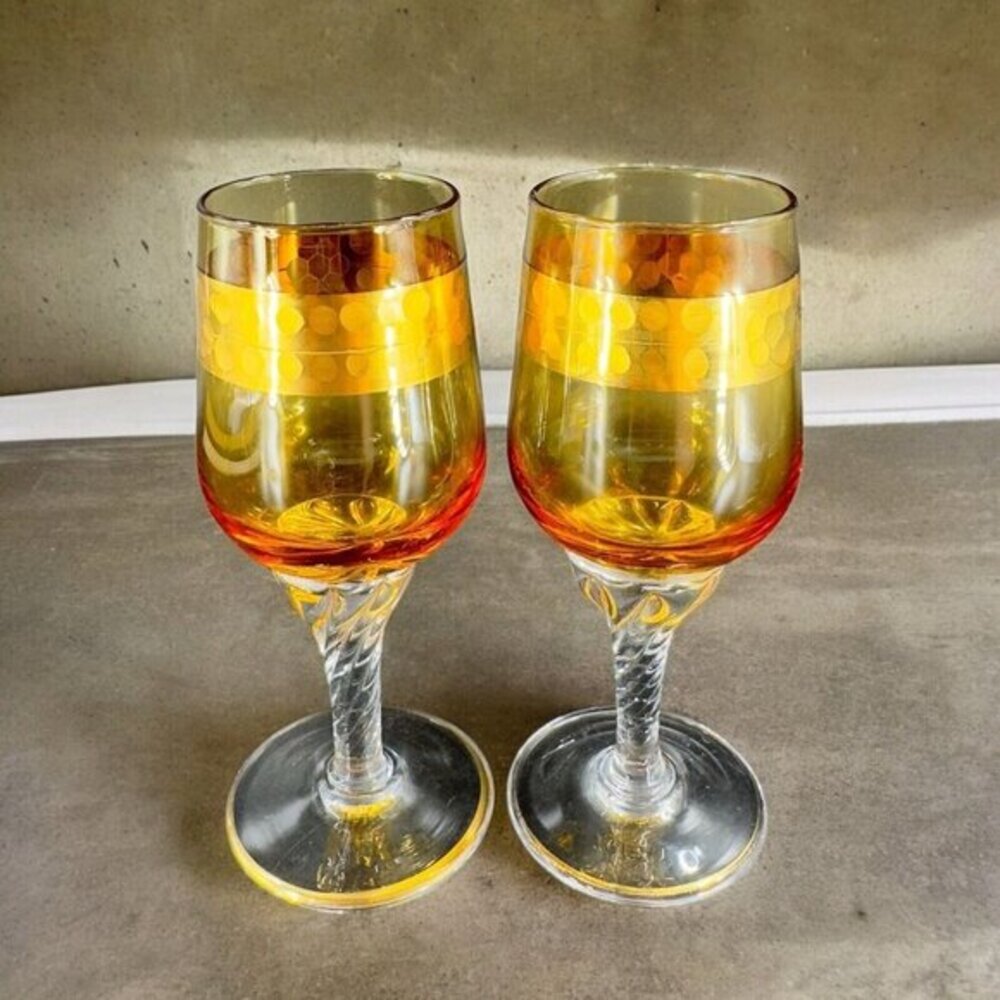 Vintage Czech Bohemian Small‎ Goblet Drinking Glasses Set 2 Amber Clear Bottom